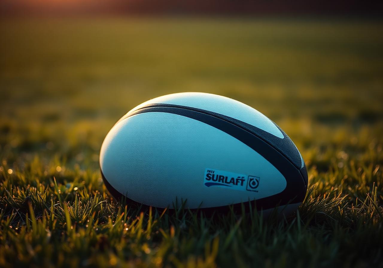 Rugby ball on dewy grass at sunrise