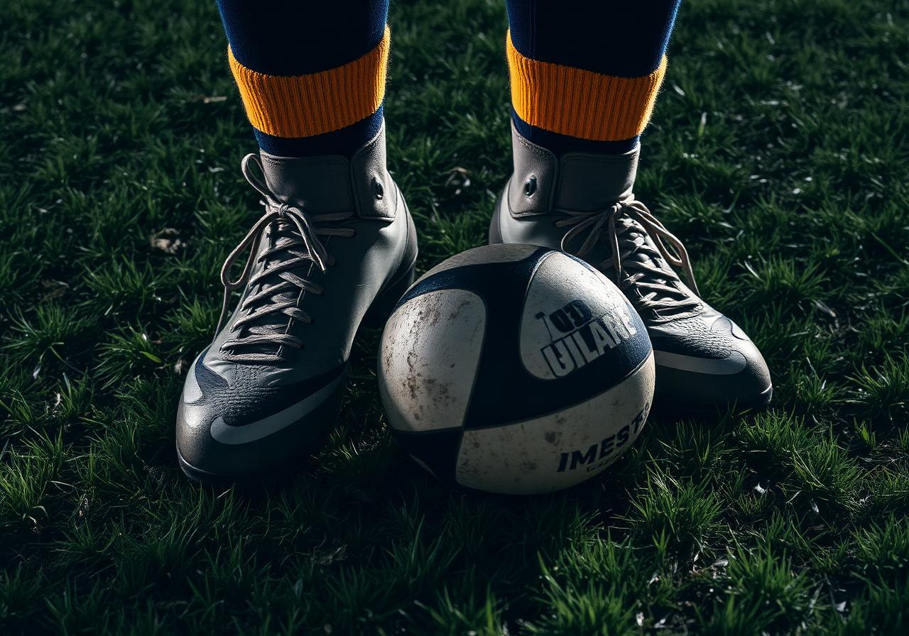 Muddy boots and rugby ball on grass